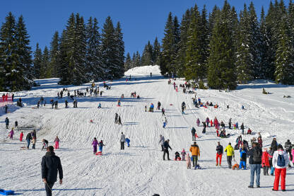 Bjelašnica, Bosna i Hercegovina: Mnoštvo ljudi se zabavlja na planini. Grupa turista na planini. Skijanje i sanjkanje zimi. Zimski praznici. Odmor i rekreacija.