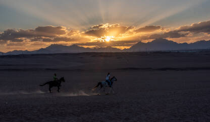 zalazak Sunca u pustinji i jahanje.