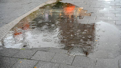 Kapi kiše u lokvi vode. Kiša pada na asfaltnu cestu. Kišni jesenji dan. Ilustracija vremenske prognoze.