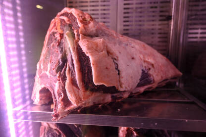 Goveđe meso koje odležava u frižideru restoranu.  Odležani biftek.