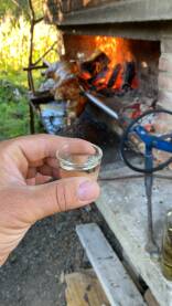 Muškarac pije rakiju dok peče prase na ražnju. Muška ruka drži čašicu rakije, u pozadini je pečeno prase na ražnju.