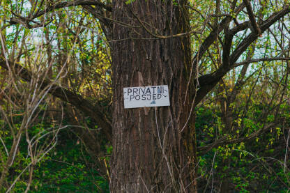 Znak privatni posjed, znakačen na drvo