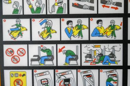 Sigurnosne upute na stražnjoj strani sjedišta u avionu. Uputstva za sigurnost leta i putovanja.