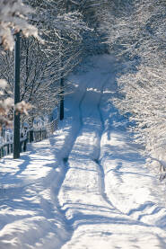 Selo, uski put i duboki snijeg sa tragovima guma