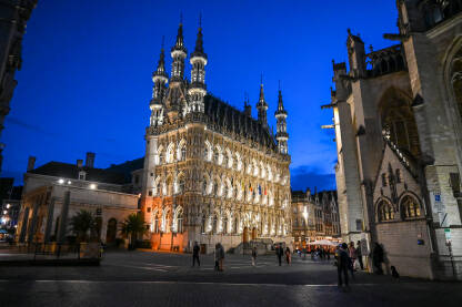 Leuven, Belgija. Gradska vijećnica noću.
