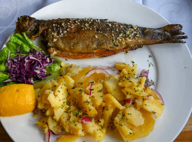 Svježe pripremljena pastrmka, servirana na tanjiru sa krompir salatom. Pečena riba servirana u restoranu.