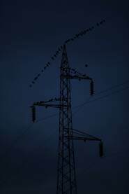 Metalna bandera za elektricnu energiju sa pticama koje stoje na zicama, jako plava boja neba pred pad mraka