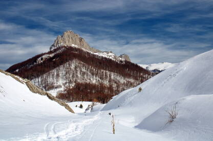 Zimski dan na planini Visočica, u kadru markantni vrh Puzim.