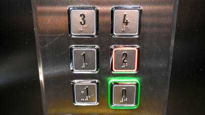 Tipke u liftu u zgradi. Dugmad na upravljačkoj ploči dizala.
