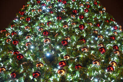 Okićeno novogodišnje drvce u centru grada noću. Šareni ukrasi i svjetla na zimzelenim granama drveća.