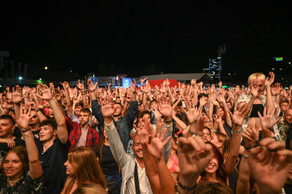 Publika s rukama u zraku na koncertu. Mladi se zabavljaju na muzičkom festivalu. Live stage festival.