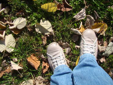 Prikaz nogu osobe u patikama koja stoji na travi sa suhim jesenskim lišćem.