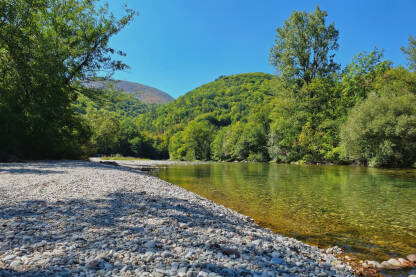 Kamenita plaža na rijeci u prirodnom okruženju