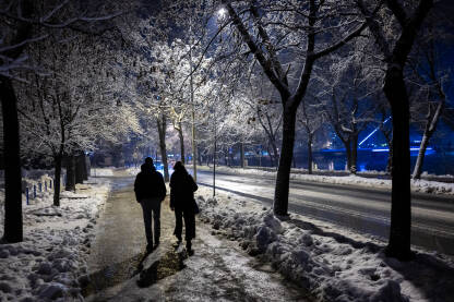 Dvoje šetača na ulici zimi sa snijegom na stablima. Zenica noću