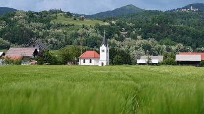 Prekrasan krajolik sela sa crkvom i zelenim poljem u proljeće. Žitarice uzgajane u polju.