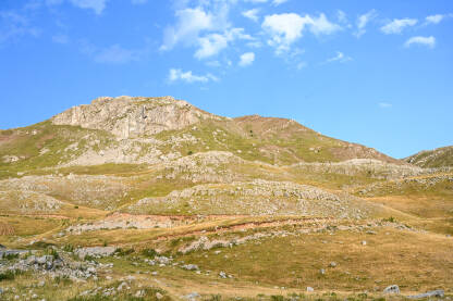 Planinski pejzaž ljeti. Goli planinski lanac u prirodi. Brda, stijene, padine i pašnjaci. Dinarski Alpi, Visočica, Bosna i Hercegovina.