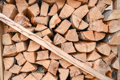 Iscijepana i naslagana drva za ogrjev. Cjepanice drva za ogrjev složene u kutije. Zalihe za grijanje zimi.