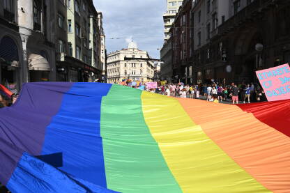 LGBTI zastava na protestima. Povorka ponosa, Sarajevo, BiH.