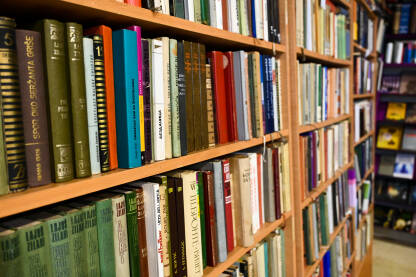 Zbirka knjiga na policama u biblioteci. Mnogo knjiga na polici.
