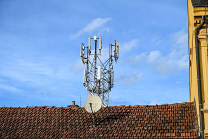 GSM antene na krovu kuće. Telekomunikacione antene na zgradi. Predajnici za mobile telefone mogu uzrokovati probleme sa zdravljem. 
​