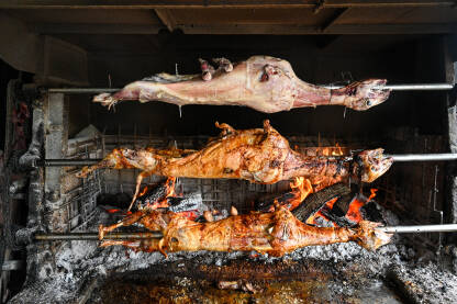 Pečena jagnjetina. Ovce na ražnju iznad vatre u restoranu. Pečeno meso.