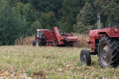 Branje kukuruza u jesen uz pomoć poljoprivredne mehanizacije