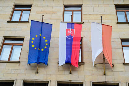 Zastave Europske unije EU, Slovačke i grada Bratislave. Zastave na zgradi u Slovačkoj.