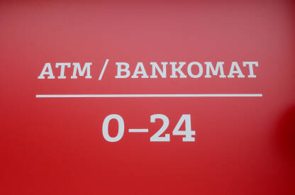 ATM bankomat. Znak na bankomatu. 0-24h.