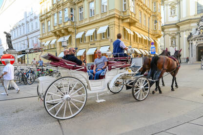 Beč, Austrija: Konji i kočije u centru grada. Turisti istražuju grad.