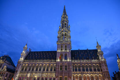 Brisel, Belgija: Gradska vijećnice noću. Zgrade u Briselu. Grand Place.