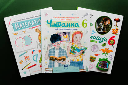 Tri knjige s različitim ilustracijama na naslovnici. Sve knjige su ilustrirane različitim bojama i uzorcima. Pozadina je zelena. Knjige namijenjene učenicima šestog razreda.