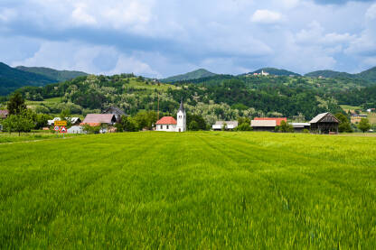 Prekrasan krajolik sela sa crkvom i zelenim poljem u proljeće. Žitarice rastu u polju.