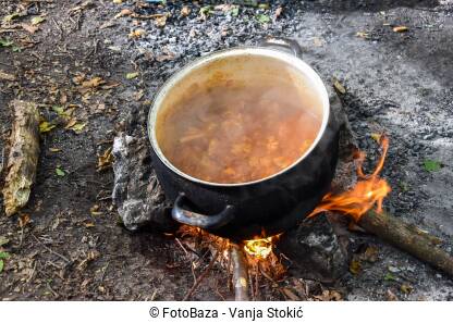 Čorba se kuha u loncu na vatri u prirodi. Migranti spremaju hranu usred šume. Pripremanje ručka uspred divljine. Logorska vatra i lonac sa kuhanim mesom.
