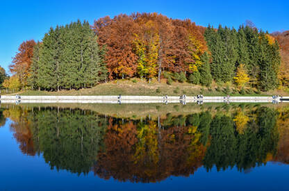 Jezero Balkana, Mrkonjić Grad, Bosna i Hercegovina. Sve boje jeseni u šumi. Ljudi šetaju pored jezera tokom vedrog jesenjeg dana.