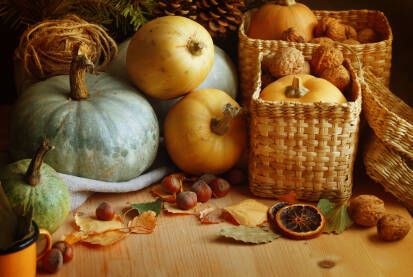 Sorte tikve/bundeve, orasi, lješnjaci suhe narandže i suho lišće poredano na drvenom stolu u pletenim korpama.