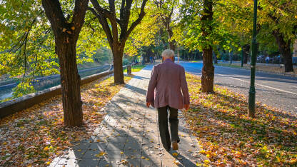 Stariji čovjek šeta sam u parku. Usamljeni penzioner. Starac u šetnji.