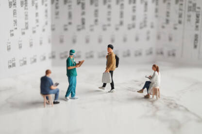 Figurice doktora i kupca sa kesom ispred velikog računa.