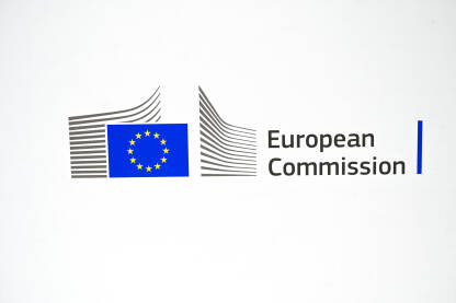 Logo Evropske komisije na bijeloj pozadini. Evropska komisija je glavno izvršno tijelo EU. Često se naziva Vlada EU.