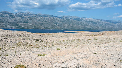 Priroda na otoku Pagu, Hrvatska. Otok Pag, Jadransko more i planina Velebit u pozadini.