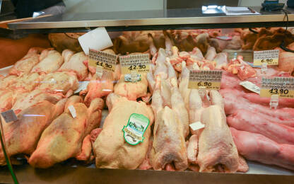Svježe meso kokoši i zeca na pijaci u Italiji. Prodaja mesa. Domaća piletina i zečje meso.
