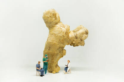 Đumbir sa malim figurama doktora na bijeloj pozadini.