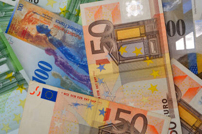 Novac novčanice u evrima i švajcarskim francima od 50,100,200
