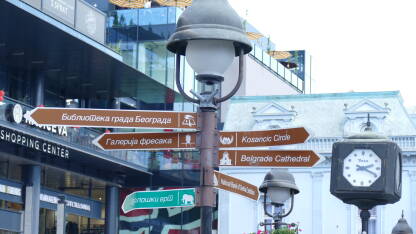 Putokazi u Beogradu Putokaz za turiste u Beogradu. Oznake za Biblioteku grada Beograda, Galeriju fresaka, Zoološki vrt, Katedralu.