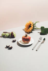 Jesenji stol s cvijetom suncokreta, divljim kestenom i šikom, narom. Plodovi jeseni.