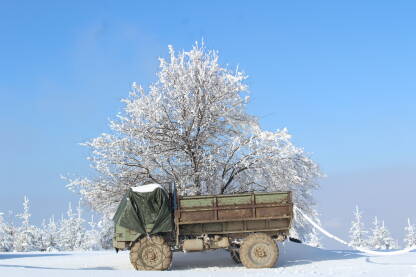 Kamion parkiran ispod drveta u snijegu