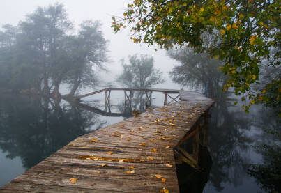 Drveni most prekriven lišćem iznad rijeke tokom maglovitom jesenjeg jutra