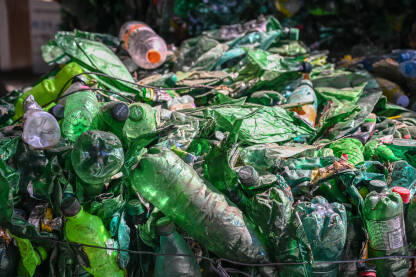 Presovane plastične boce spremne za reciklažu. Zelene plastične boce. Recikliranje otpada.