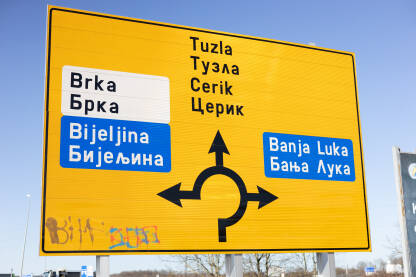 Saobraćajni putokaz sa natpisima Banja Luka, Bijeljina, Tuzla