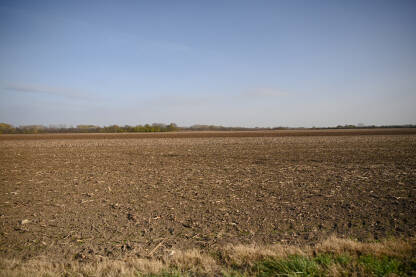 Plodna ravnica u Vojvodini. Uzorano zemljište spremno za sjetvu. Oranice.