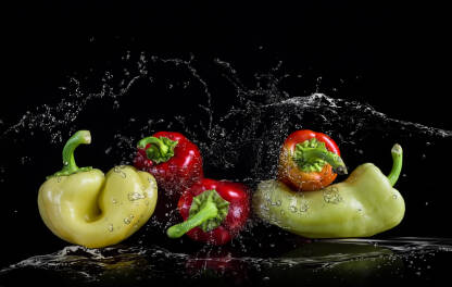 Svježe crvene i žute paprike u igri poprskane vodom na crnoj podlozi.